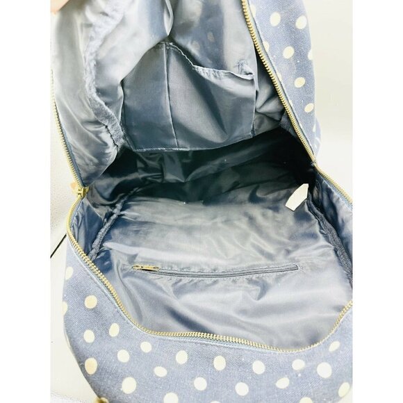 Navy Blue w White Polka Dots Backpack Cream Sparkle Trim Brown Faux Leather - Picture 6 of 9